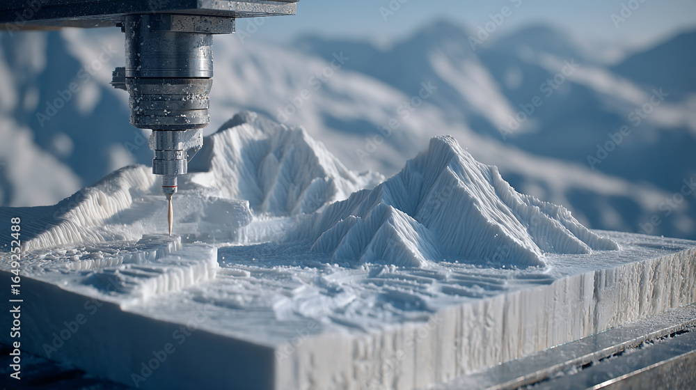 Poster a cnc machine carving a mountain range model out of a white block of material