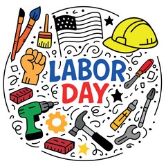 Labor Day Celebration Symbols Including Tools, Hard Hats, and American Flag for Construction and Workforce Appreciation