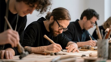 Artisans meticulously working with wood and tools in a workshop setting