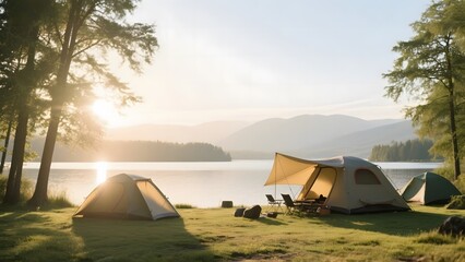 Camping Tents Set Up by a Lake at Sunset