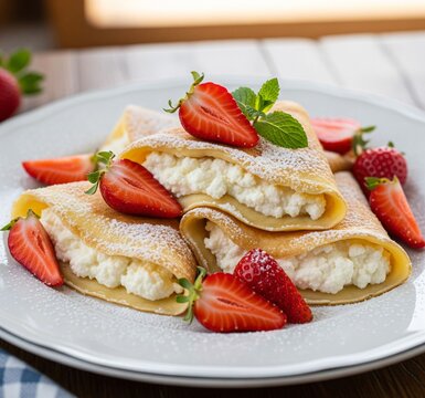 Delicious crepes filled with creamy cheese served with fresh strawberries on a rustic wooden table