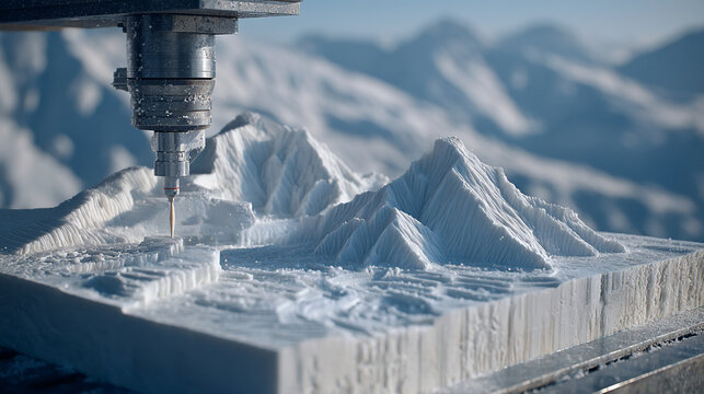 A cnc machine carving a mountain range model out of a white block of material