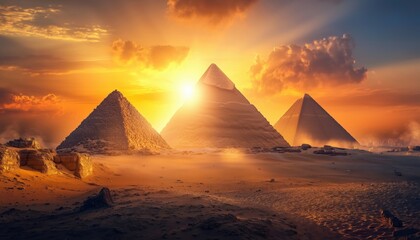 Ancient Egyptian Pharaohs Pyramids Complex: Illuminated By Sunlight On Giza Plateau- Famous Tourist Attractions In African Desert'S Historical Landscape