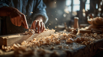 Close up of a woodworker shaping a piece of wood with shavings flying in the air