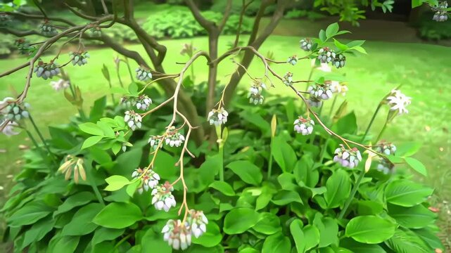 Japanese Blueberry Tree with Purple Blossoms Surrounded by Queen Emma Crinum Lilies in Serene Garden

