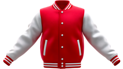 Red varsity jacket with white sleeves, striped cuffs, classic collegiate style, isolated on white background, photorealistic