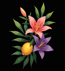 Vector pink, purple lily flower, lemon branch, 
leaf isolated on black background.
Summer tropical print. 
Element of seamless fabric pattern.
Floral fashion ornament for women clothing,
textile.