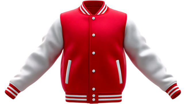 Red varsity jacket with white sleeves, striped cuffs, classic collegiate style, isolated on white background, photorealistic