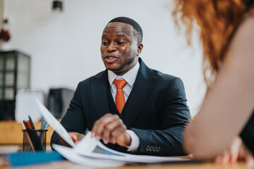 A business professional in a co working cafe environment discussing documents during a collaborative and friendly meeting.