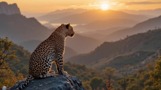 A cheetah stands on a termite mound, surveying the vast savanna panorama. 4k video