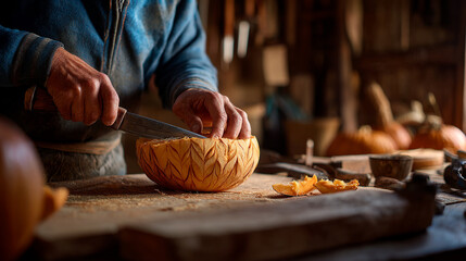 A craftsman carving a pumpkin bowl with a knife in a rustic workshop setting close up