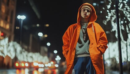 Obraz premium Stylish Young White Rapper: Hip Hop Fashion Model Boy In Street Fashion, Embracing Gangster Image With Jeans, Orange Hoodie Coat, And Headband On Night Street Corner.