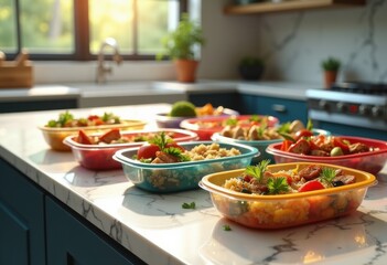 colorful organized meal prep containers arranged kitchen counter stylishly showcasing healthy portions culinary creativity, storage, organization, food