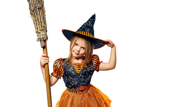 Happy child girl in witch with broom in costume, isolated on free png background. Halloween party time. Cute halloween poster.