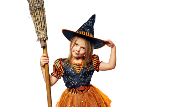 Happy child girl in witch with broom in costume, isolated on free png background. Halloween party time. Cute halloween poster.