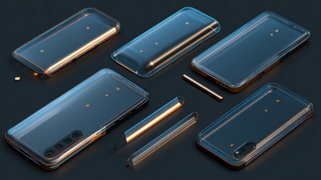 Array of glassy phone & stylus renders on dark background