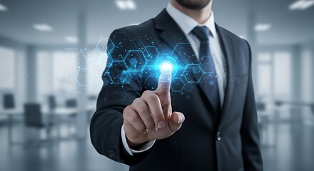 Businessman in suit interacting with futuristic digital interface in modern office environment with technology overlay