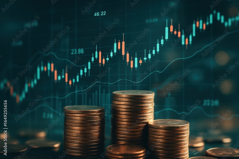 Poster investing and finance visual concept: stacked gold coins and data representing a chart with a backgr