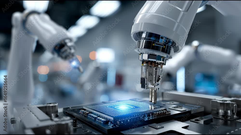 Poster a robot is working on a computer chip. the robot is blue and white