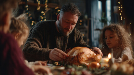 A father carves the turkey at a family dinner with his daughters during the holidays