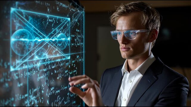 A man in a suit is pointing at a computer screen with a mathematical equation. Concept of intelligence and focus, as the man is deeply engaged in the task at hand - Powered by Adobe