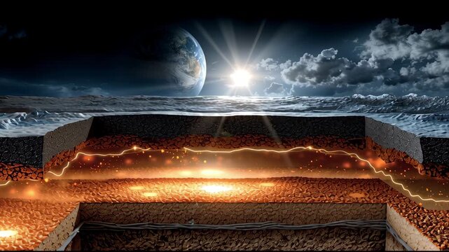 A picture of a planet with a sun in the sky. The sun is shining on the planet and the sky is dark