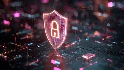 Abstract digital shield and lock graphic.  A glowing pink shield with a lock icon floats above circuit board