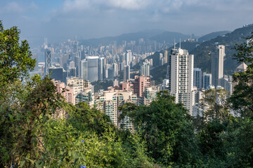 A panoramic view of Hong Kong dense cityscape, showcasing towering skyscrapers and a lush green...