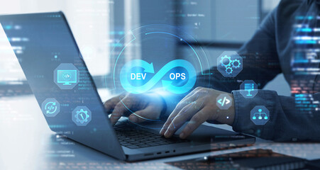 Software development updating.Agile programming and DevOps technology.System engineer and programming digital development. IT operations concept. Programmer working with computer code