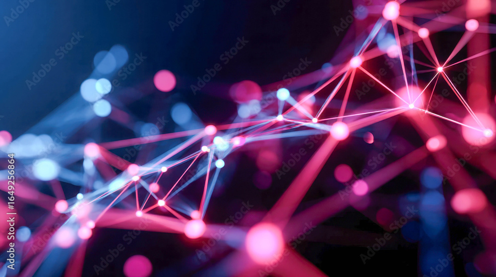 Poster abstract digital network of glowing blue and pink nodes connected by luminous lines, symbolizing com