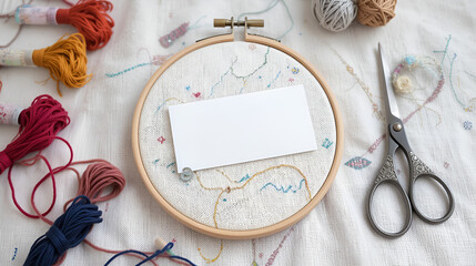 Embroidery needlework background Linen in hoop mockup. Colorful floss thread scissors card tag. Handmade ethnic style clothes making home decor tablecloth. New normal lockdown hobby crafts tutorial.