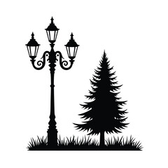 Black silhouette of ornate triple lamp post and pine tree