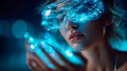 Young woman using a virtual reality headset to create immersive digital artwork in a futuristic creative environment