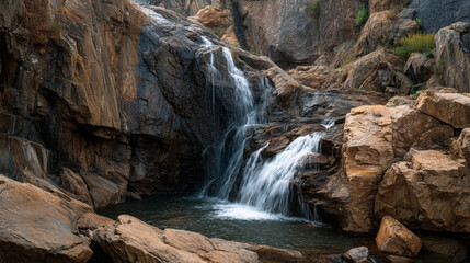 Obraz premium A scenic waterfall cascading down rocky terrain into a pool surrounded by boulders