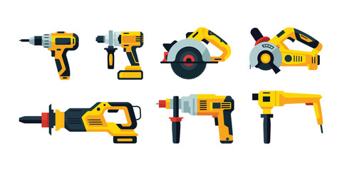 Set of professional construction power tools vector illustration. Yellow electric equipment for building and repair work.eps