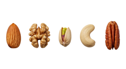 Extreme macro flat lay of almond, walnut, pistachio, cashew, and pecan shelled nuts, perfectly aligned on a transparent studio background with soft light, precise comparative study of natural forms