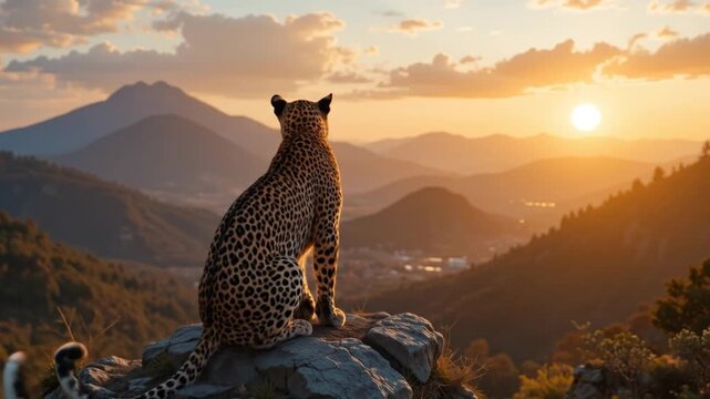 A cheetah stands on a termite mound, surveying the vast savanna panorama. 4k video