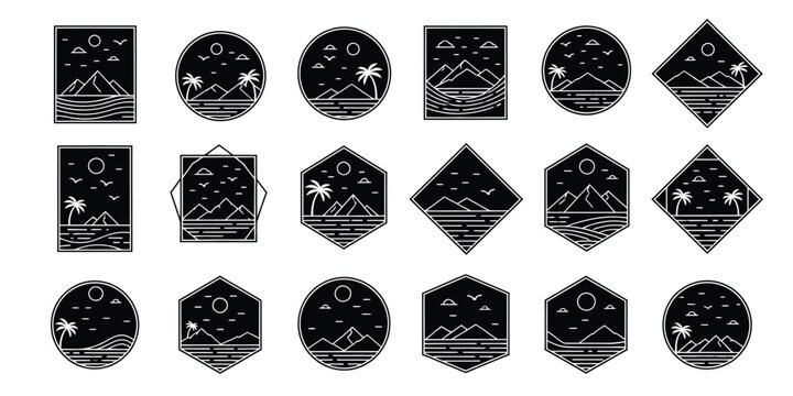 Monochrome Landscape Silhouette Logos Featuring Mountains Sun Palm Trees and Birds in Geometric Frames for Business Branding or Decoration