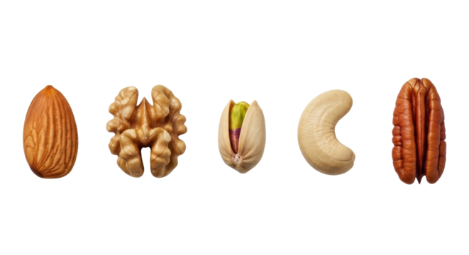 Extreme macro flat lay of almond, walnut, pistachio, cashew, and pecan shelled nuts, perfectly aligned on a transparent studio background with soft light, precise comparative study of natural forms