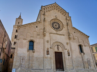 Facade of Matera Cathedral, dedicated to  Our Lady of Bruna and to Saint Eustace. Built in Apulian Romanesque style. Piazza Duomo, Matera. Basilicata, Italy, Europe