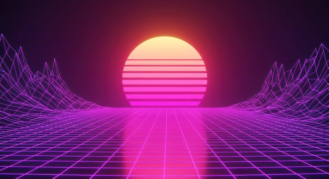 Retro synthwave landscape with sun and grid, abstract background