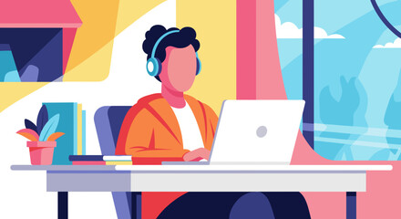 Person wearing headphones working on a laptop at a desk in a modern office, enjoying focused productivity and remote work.