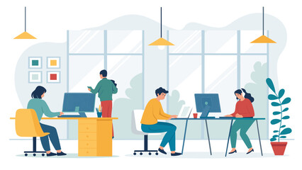 Diverse team of professionals collaborating and working on computers in a bright, modern open-plan office environment.