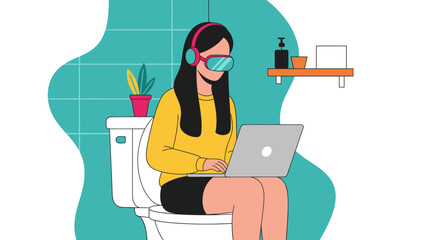 A woman wearing a VR headset and headphones is deeply engrossed in her laptop while sitting on a toilet, illustrating modern remote work habits.