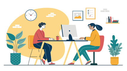 Two young colleagues are working together at a modern office desk, collaborating on a project using a desktop computer, showcasing a productive and creative workspace.