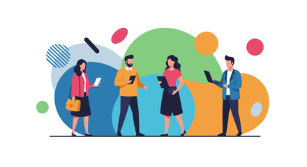 A diverse group of young professionals are depicted in a modern, flat vector illustration, each using their smartphones and laptops against a colorful backdrop.