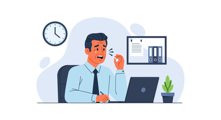 A flat illustration depicts a distressed businessman crying at his office desk with a laptop, symbolizing stress, emotional pain, and burnout.