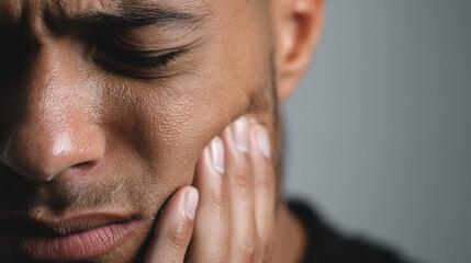 A close up of a man with his hand on his face appearing to be in pain or distress