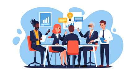 A diverse group of business professionals collaborate around a conference table, brainstorming ideas and analyzing data, fostering teamwork and innovation in a modern office setting.