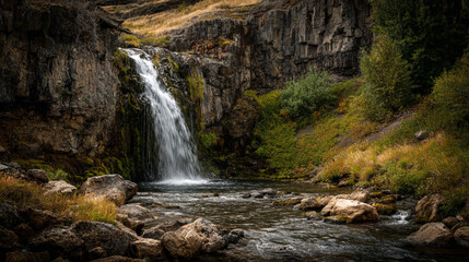 Obraz premium A scenic waterfall cascading down rocky cliffs into a stream with lush greenery